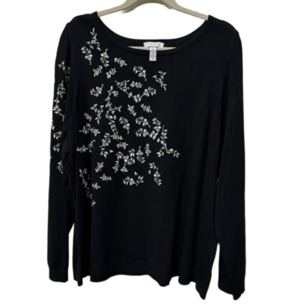 Charter Club Sz 3X Black Sweater White Embroidered Long Sleeves Boat Neck